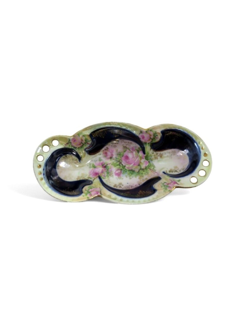 Antique German Hand Painted Porcelain Celery Relish Dish Roses Gold 8"
